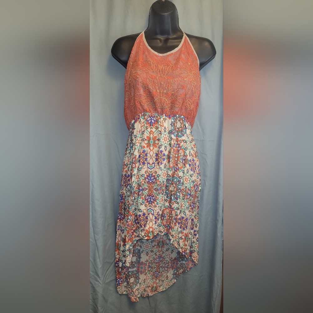 Multicolored halter dress with floral lace bodice